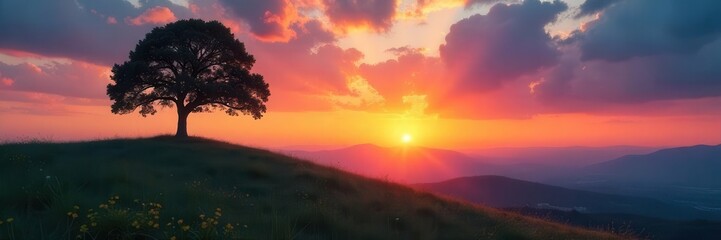 Lone tree silhouette atop rolling hill at sunset , branches, trunk