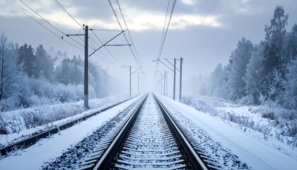 Snowy railway tracks through a frosted forest