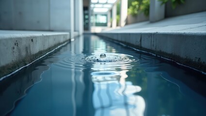 Obraz premium A tranquil water feature, with ripples spreading across a channel lined by light gray concrete, showcasing the reflection of surrounding structures.