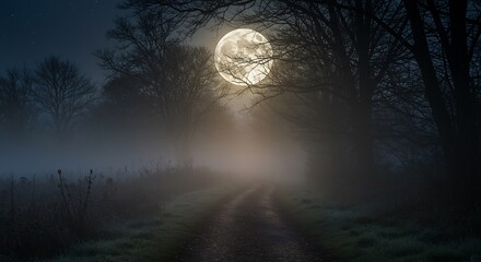 A full moon glows in the night sky above a foggy forest path surrounded by bare trees