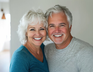 Smiling couple with gray hair posing together in a bright indoor setting