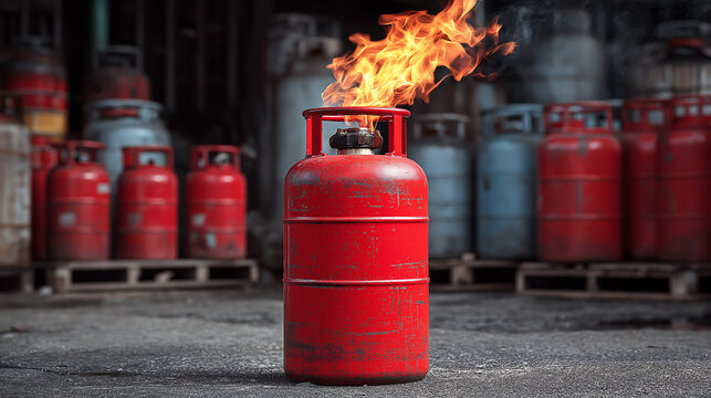 A gas cylinder tank with flame and explosive from gas tank at storage of cylinders

