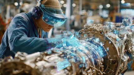 Engineer uses a futuristic AR headset to inspect an engine, with a visual heads-up display and holographic data overlaying the intricate machinery