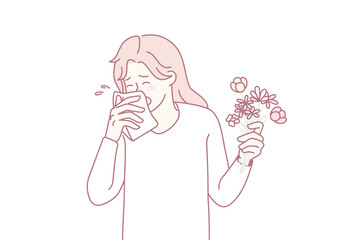Sick young woman sneeze having allergy to flowers. Unhealthy girl hold floral bouquet feeling allergic to seasonal plants. Healthcare concept. Flat vector illustration.