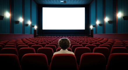 Fototapeta premium A person alone in a movie theater watching a blank screen before the film