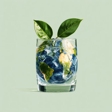 Earth Globe Glass Leaves Nature Sustainability Ecology Beverage Plant Reflection Green Organic Fluid Concept Preservation Climate Planet Freshness 