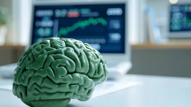 Ai brain business growth analyzing trends technology finance chart laptop modern office innovation strategy data analytics model desk