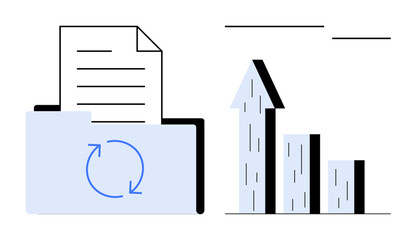Folder with files featuring refresh arrow, upward graph with three bars and arrow representing analytics, data management. Ideal for business, analytics, progress, workflow, growth, digital strategy