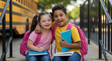 Happy diverse children with Down syndrome and learning disabilities ready for school