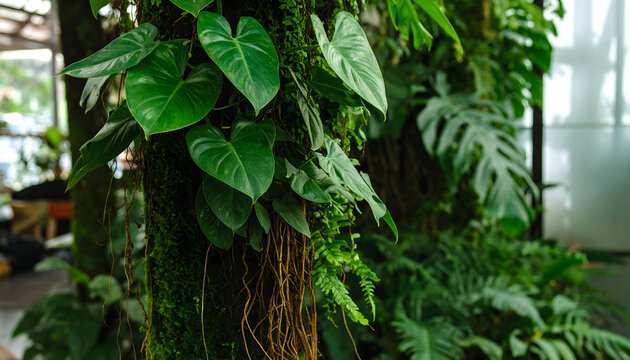 Lush green tropical foliage on mossy tree trunk natural background