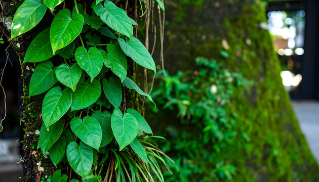 Lush green vines climb a tree trunk in a natural setting with mossy backdrops