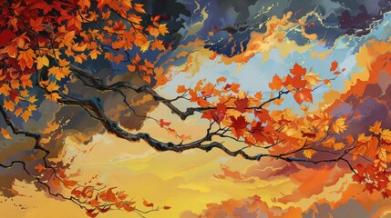 Autumn maple leaves on a branch against a colorful sky painting