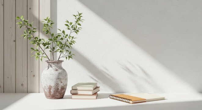Still life composition with plant books and journal on a white surface with sunlight shadows