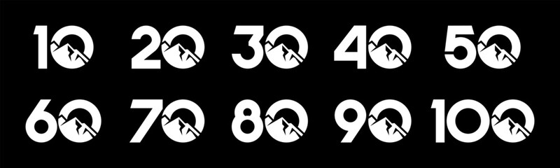 Set of collection numbers 10 to 100 with mountain vector illustration. Mountain with numbers 10, 20, 30, 40, 50, 60, 70, 80, 90, 100 for greetings, anniversary and more.	