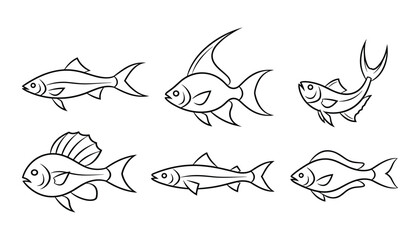 Collection of Fish Line Art Illustrations Featuring Different Species for Coloring Pages and Educational Materials Underwater World