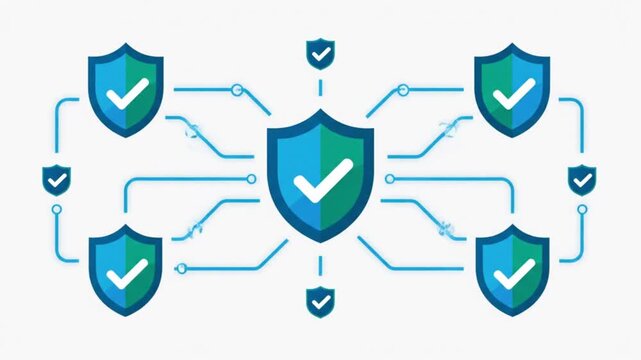 An intricate digital network of interconnected security shields with checkmarks symbolizes robust data protection and advanced cybersecurity solutions.