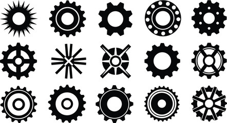 Gear icon set, vector cogwheel design, mechanical gear collection, engineering tool icons, black industrial gear symbols, rotating machine parts