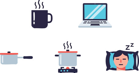 Cozy home routine, hot coffee, cooking, and peaceful sleep with laptop nearby.