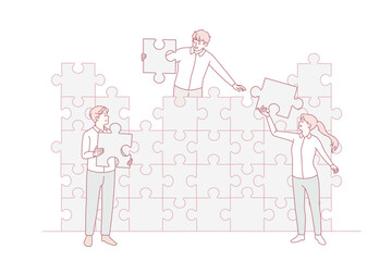 Diverse businesspeople connect jigsaw puzzles looking for business solution together. Colleagues cooperate join pieces for shared goal or result achievement. Teamwork. Vector illustration.
