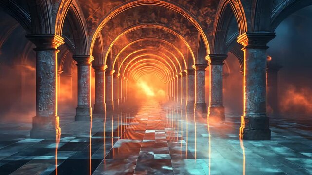 Mystical Arches Ethereal Corridor with Glowing Light and Reflective Floor.