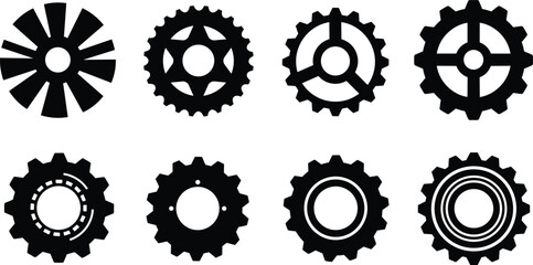 Gear icon vector, black cogwheel design, mechanical gear symbol, industrial machine element, engineering gear shape, tool gear illustration