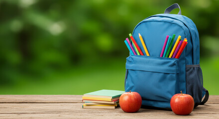 Brightly Colored Pencils Fill Blue Backpack Ready for School Adventures on a Sunny Day