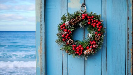 Coastal christmas wreath overlooking ocean waves on rustic blue door - Powered by Adobe