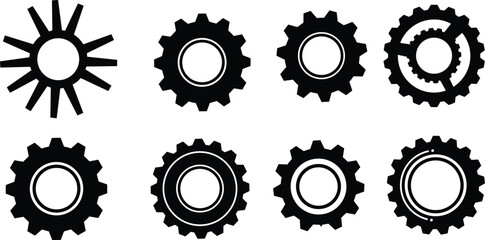 Gear icon vector, black gear set, mechanical cogwheel shapes, industrial parts icons, machine gear collection, engineering gear symbol, tool design