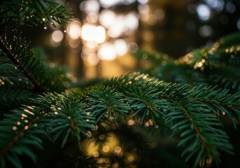 Enchanted Evergreen - Sun-Kissed Pine Needles with a Dreamy, Golden Bokeh.