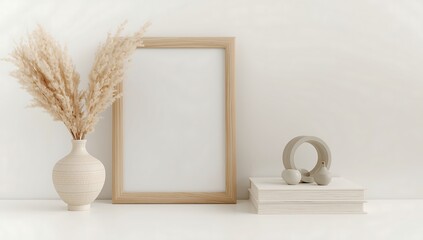 Elegant wooden frame mockup with pampas grass in vase and books isolated on white background, perfect for showcasing artwork or designs in a minimalist style