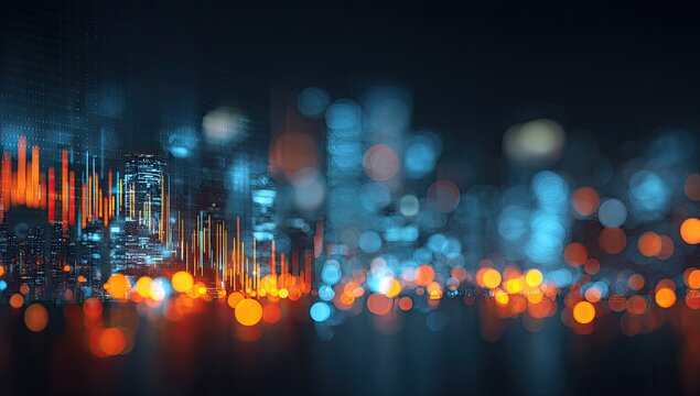 Night city skyline with financial data overlay.  Possible use Business, investment, global markets - Powered by Adobe