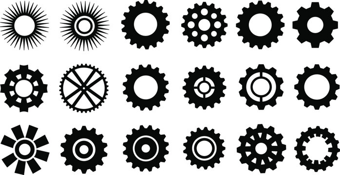Gear icons set, mechanical cogwheels vector, rotating parts collection, black gear symbols, industrial machine elements, editable gear shapes, engineering tool icons