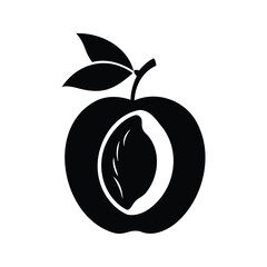Black and white image of a cut peach with leaves attached to stem, Prach fruit silhouette vector illustration
