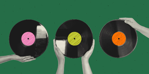 Halftone collage with featuring hands holding vinyl records set. Halftone dot effect, retro style with transparent background. For zines, posters, DIY flyers, tattoo, graphics, album art, music shop