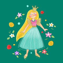 Cute Princess with Golden Crown and Sparkling Dress Surrounded by Flowers
