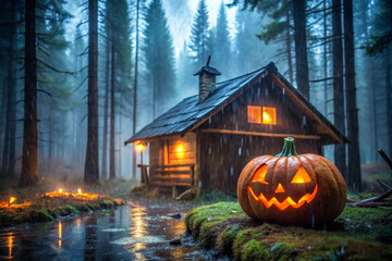 halloween pumpkin in the garden in rainy season
