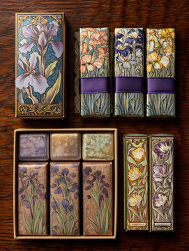 Decorative Flowers Packaging Design Chocolate Gift Boxes Colorful Art Floral Gourmet Irises Illustration Luxury Nature Delicate Variety Rich Giftable Desserts 