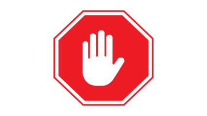 Stop work authority icon, stop hand icon over red polygon transparent background