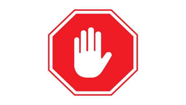 Stop work authority icon, stop hand icon over red polygon transparent background