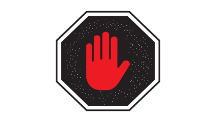 Stop work authority icon, stop hand icon over black polygon transparent background