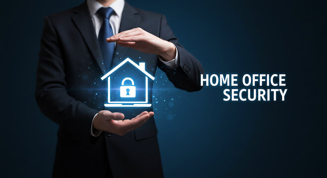 Businessman Holding Digital Home Office Security Icon