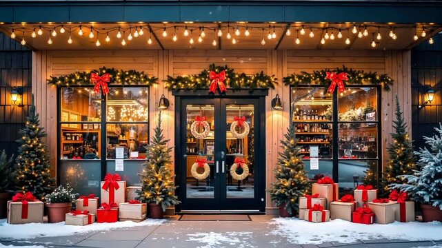 A store front with presents and christmas decorations outside of it