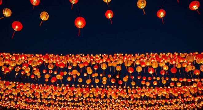 夜空彩る赤金提灯 幻想的輝き満開. AI Generated