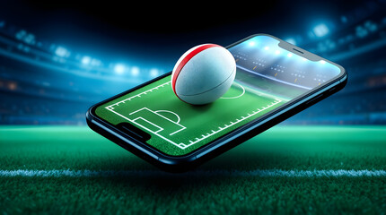 Rugby ball hovering over smartphone display showing rugby field in stadium: online betting and sport streaming concept
