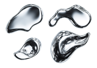 Abstract metallic liquid blobs with reflective surfaces on a clean white background