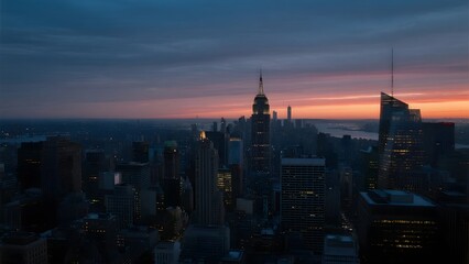 Cityscape at Dusk with Illuminated Skyscrapers and a Vibrant Horizon