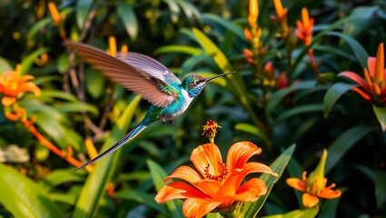 A vibrant scene of a hummingbird hovering near an orange flower, with lush green foliage and orange blossoms in the background.