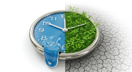 Time's impact on nature, clock melting into growth, cracked earth background.  Possible use Environmental awareness, ecological issues, sustainability