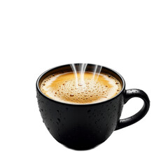 Obraz premium Freshly brewed caffè americano in matte black ceramic mug with glistening condensation, golden crema, amber liquid, luminous rising steam, isolated transparent, macro close-up, sophisticated comfort