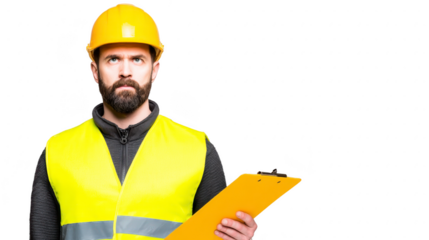 Construction worker safety vest hard hat clipboard male beard adult inspection safety professional Construction worker wearing yellow safety vest and hard hat holding clipboard appearing focused